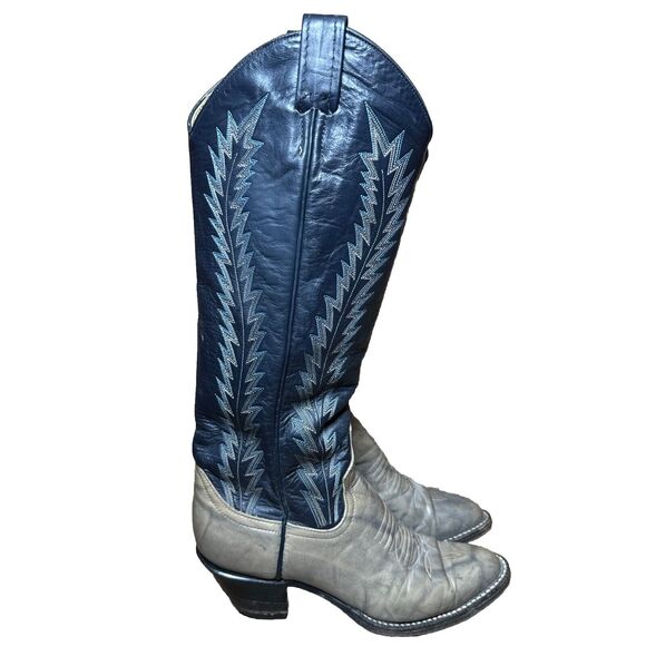 Larry Mahan Womens Knee High Cowboy Boots Size 6 B6N Leather Skin Black Blue - Picture 5 of 9